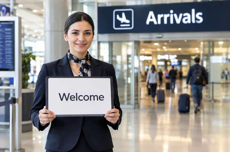 Airport greeter holding a name board in the arrivals hall