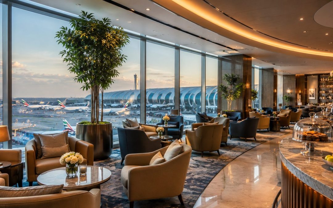 Dubai Terminal 2 lounge with comfortable seating and runway views.