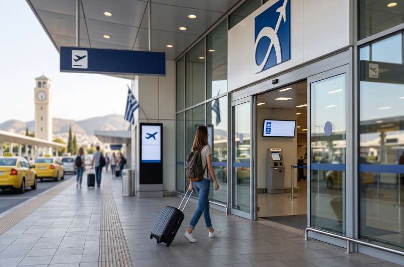 Traveler arriving with luggage at ATH Airport entrance