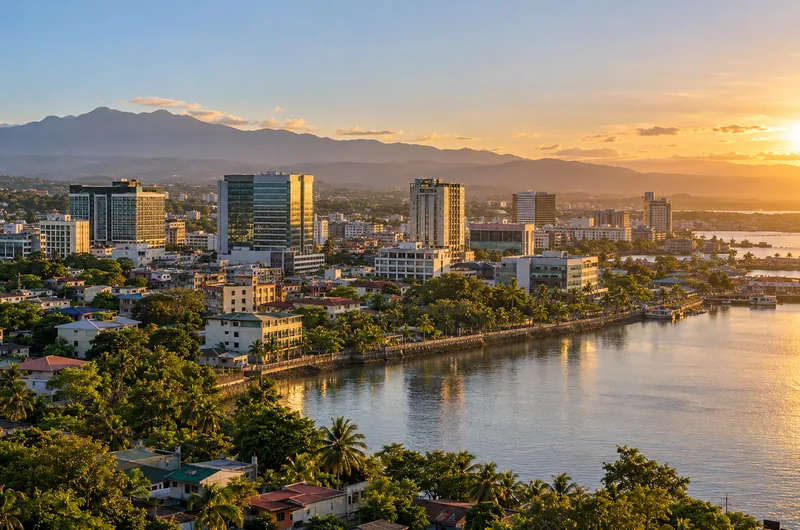 Davao City waterfront business skyline at golden hour