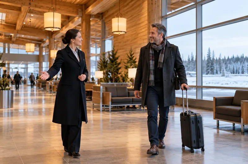 Airport concierge meet and greet in a modern commercial arrivals hall (illustrative, not a photo of Fairbanks International Airport)