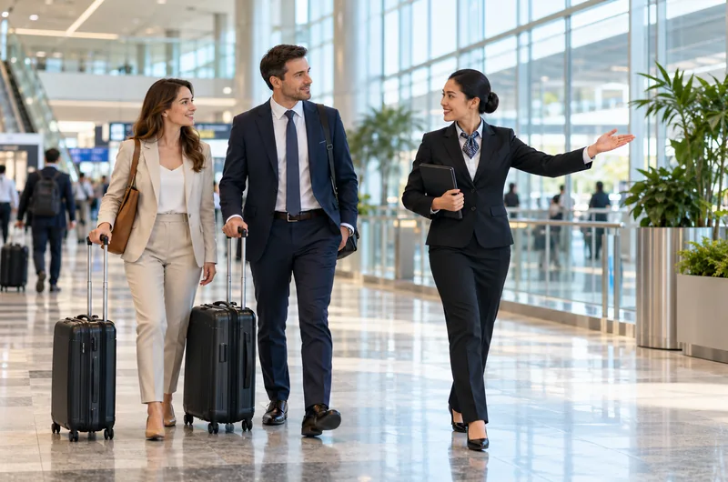 Airport concierge meet and greet in a modern commercial arrivals hall (illustrative, not a photo of Francisco Bangoy Airport)
