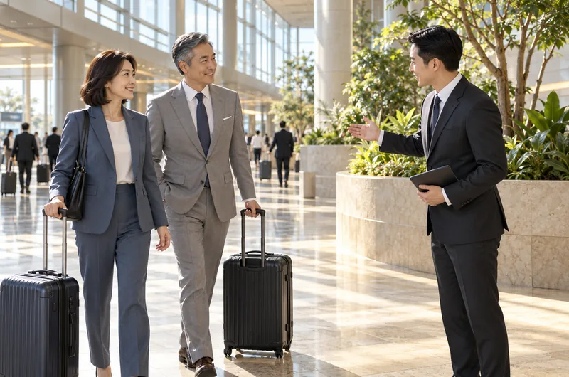 Airport concierge meet and greet in a modern commercial arrivals hall (illustrative, not a photo of Gimhae Airport)