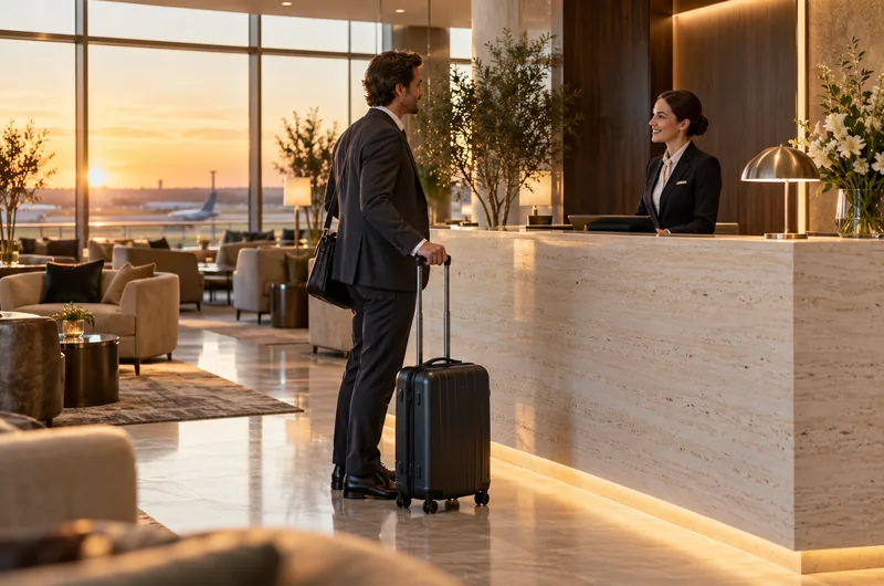 VIP airport concierge welcome lounge interior (illustrative, not a photo of Tokyo Haneda Airport)