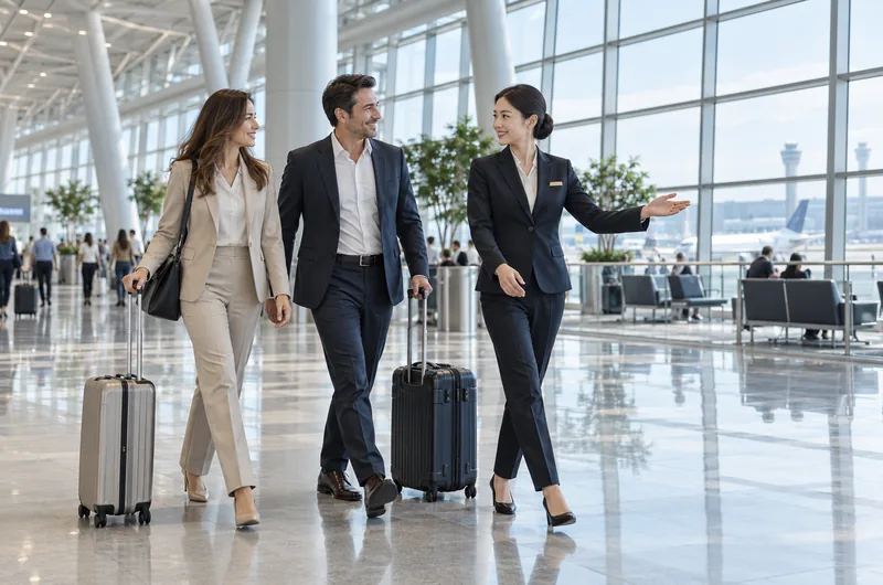 VIP airport concierge assisting travelers in a modern commercial terminal hall (illustrative, not a photo of Incheon International Airport)