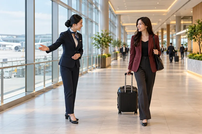 VIP airport concierge welcome in a modern arrivals corridor (illustrative, not a photo of Jeju International Airport)