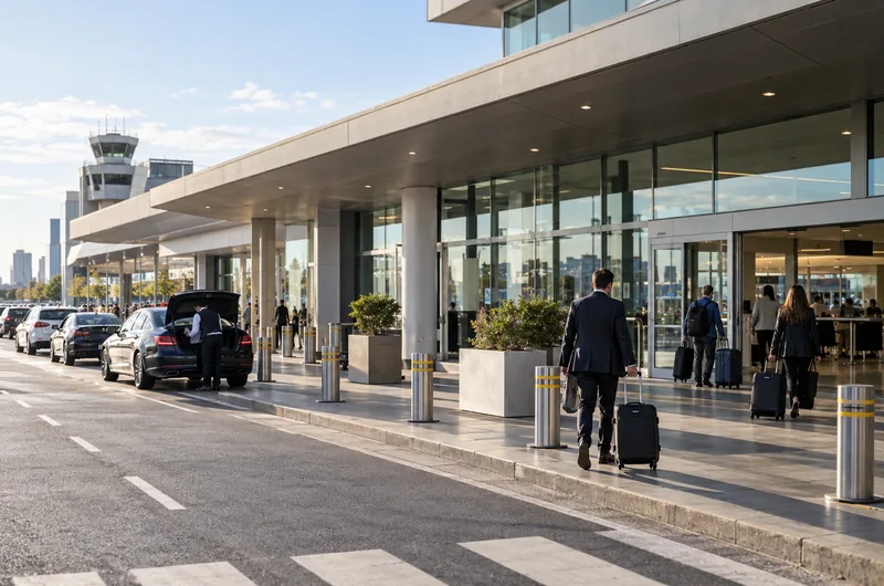 Illustrative commercial airport terminal exterior near Buenos Aires, not an actual photograph of Jorge Newbery Airport