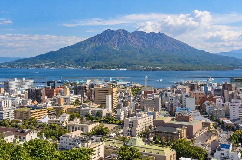 Kagoshima city coastal skyline with Sakurajima