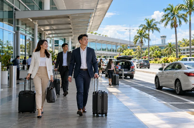 Illustrative tropical commercial airport terminal exterior, not an actual photograph of Mactan-Cebu International Airport