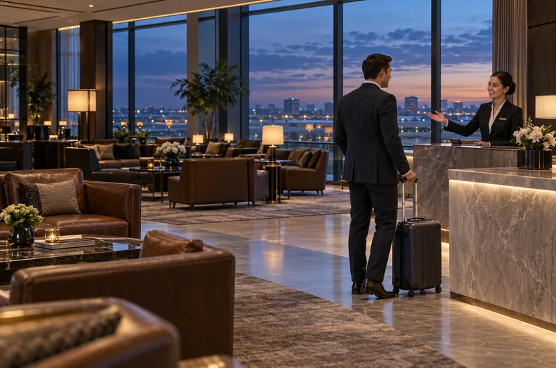 VIP airport concierge welcome lounge at dusk (illustrative, not a photo of Ninoy Aquino International Airport)