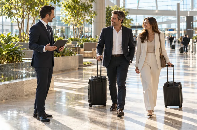 Airport concierge meet and greet in a modern commercial arrivals hall (illustrative, not a photo of Sendai Airport)