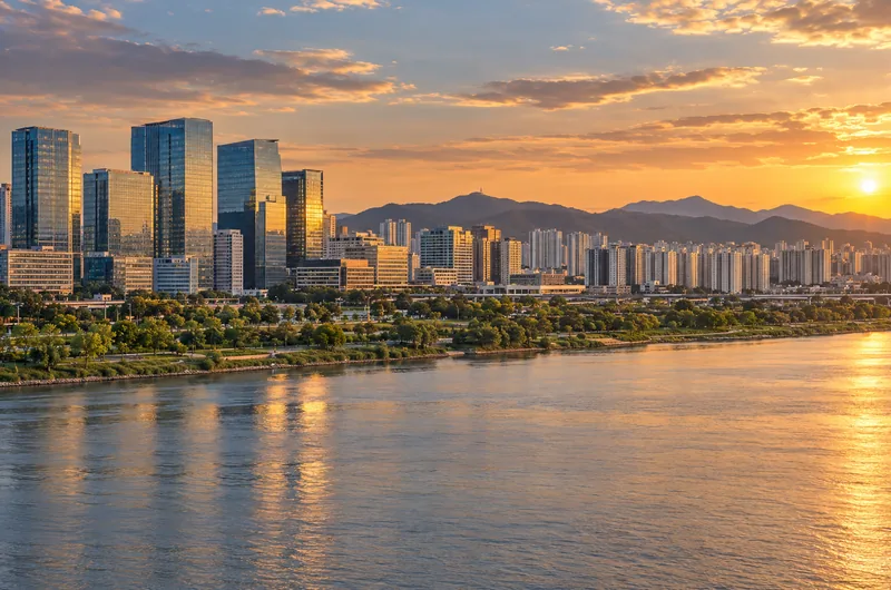 Seoul Gangseo District business skyline along the Han River